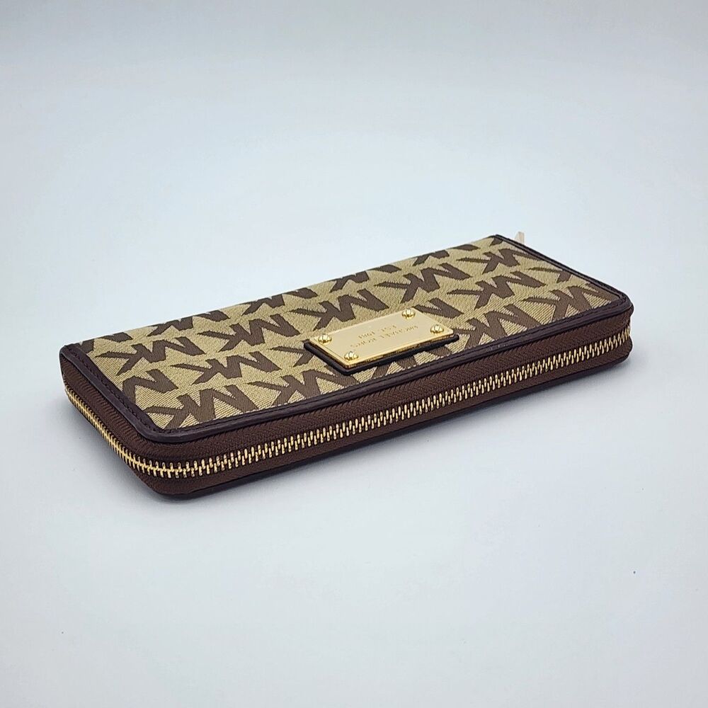 Michael Kors Signature MK Logo Jacquard Brown Tan Continental Zip Wallet - Picture 4 of 8